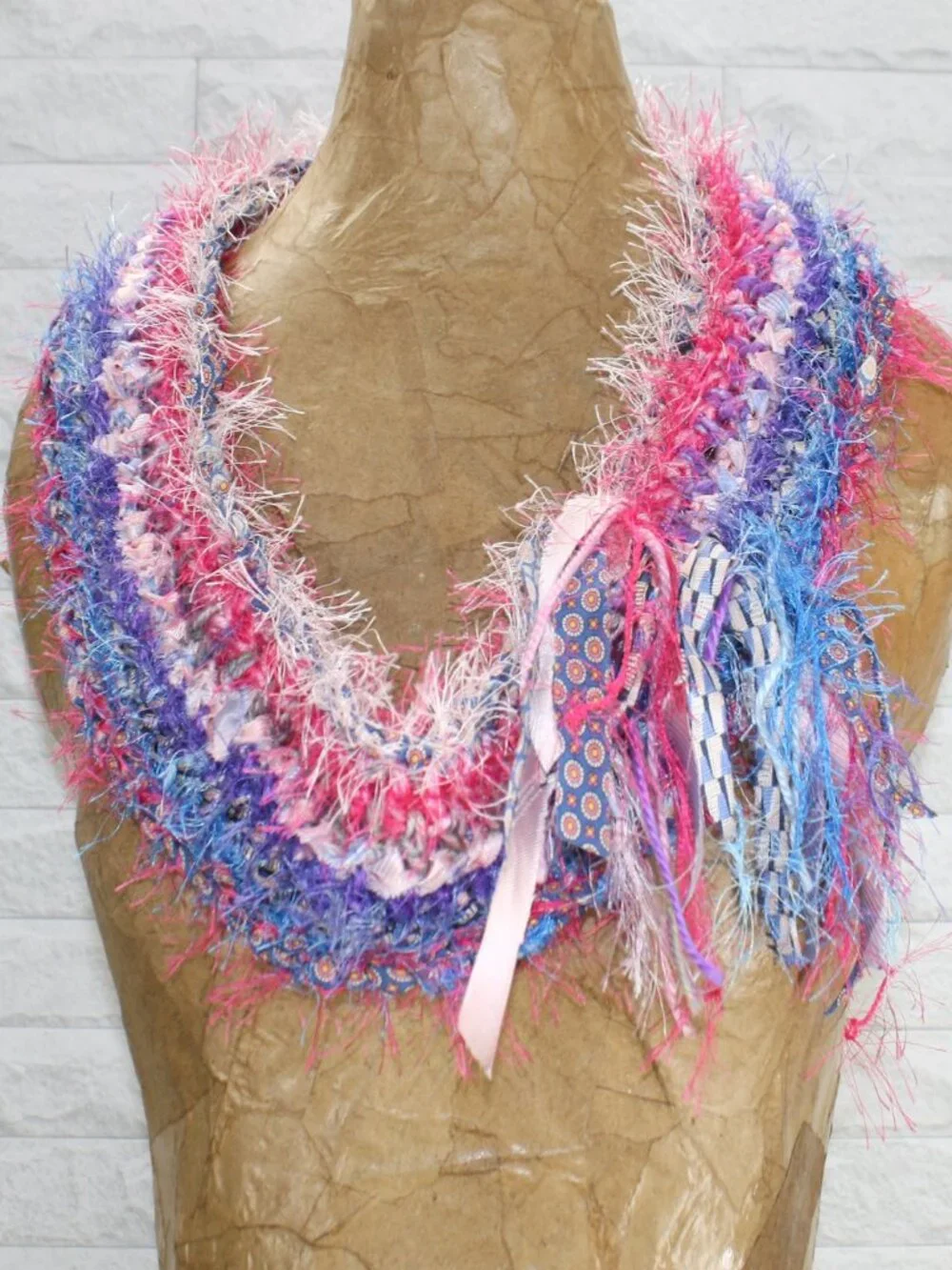 HAND CRAFTED Scarf Upcycled Crochet Infinity Oversized Fuzzy Necktie Pink Stripe